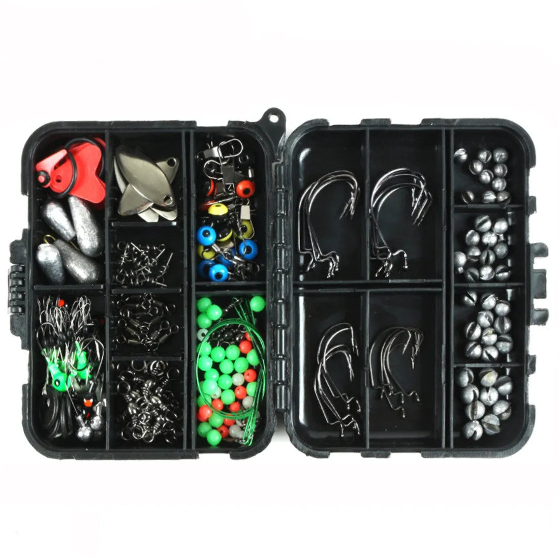 Black plastic storage box containing 188 stainless steel fishing accessories including swivels, snaps, and beads