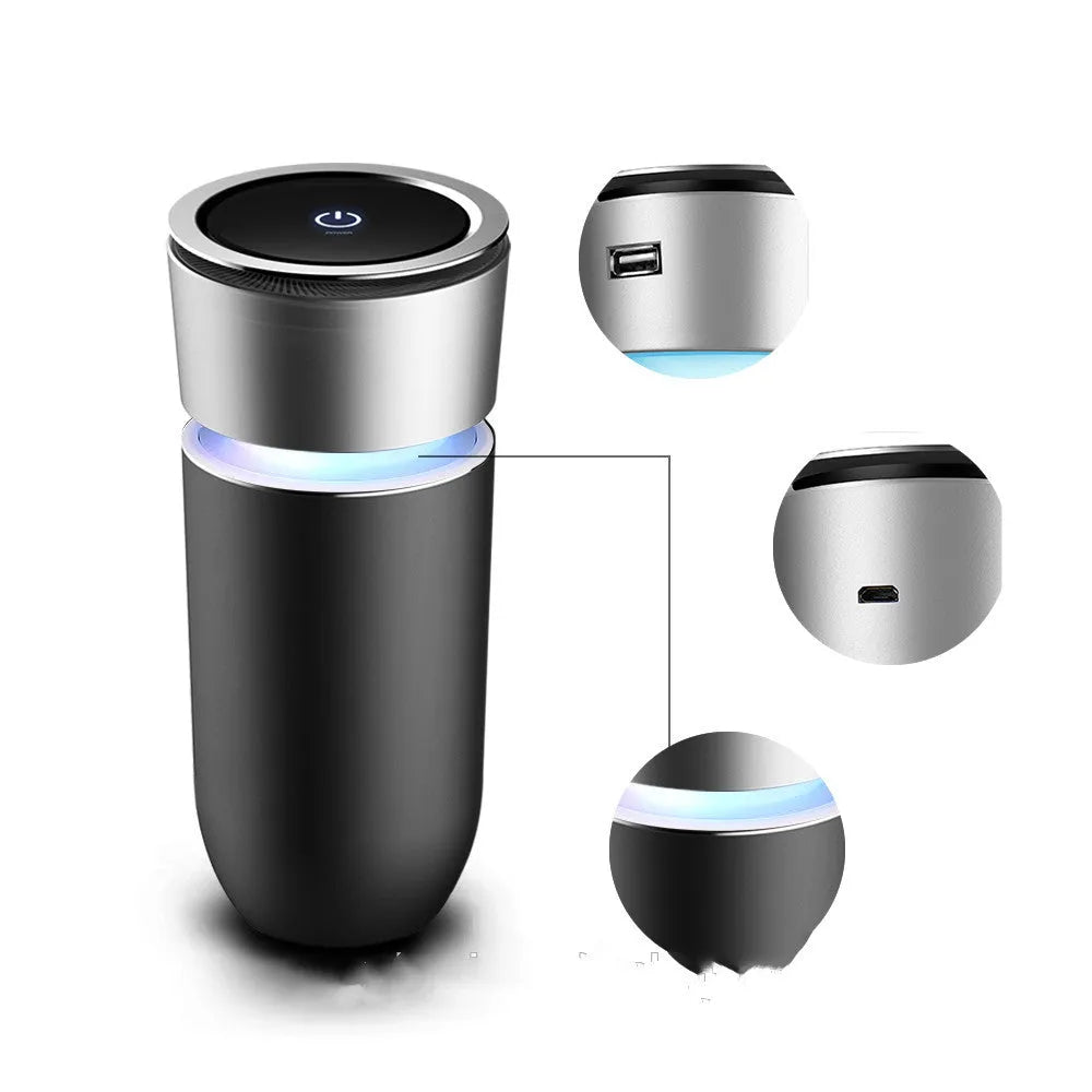 USB negative ion car air purifier in black and white, 75x75x165mm, with USB cable