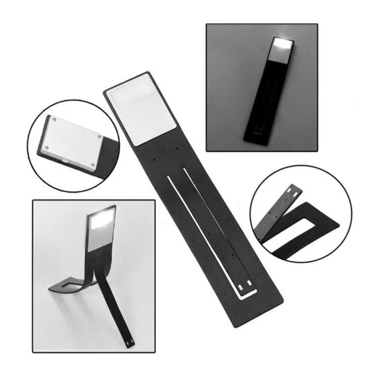 Black folding LED reading lamp showing compact folded design with USB charging port
