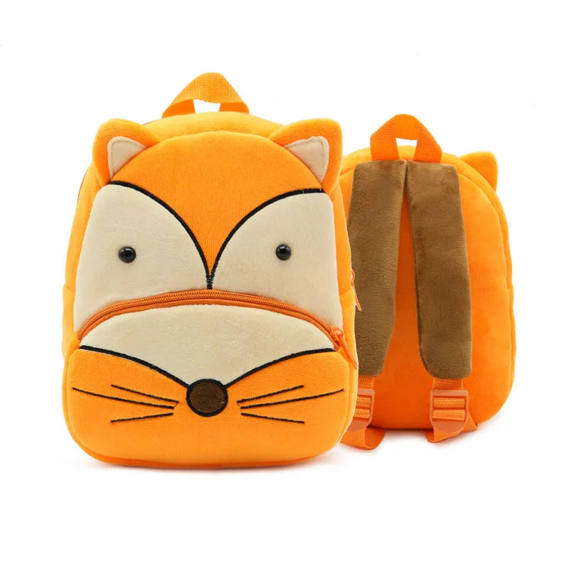 Children's plush animal backpack measuring 26x24x10cm with zipper opening and interior pocket