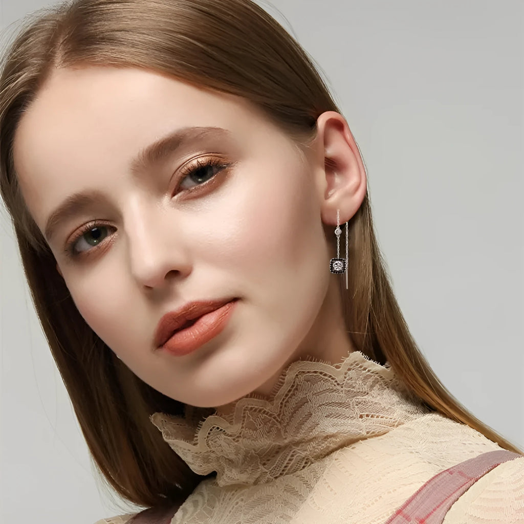 Light luxury long copper plated zircon earrings in fresh sweet natural style for women, black and silver colour options