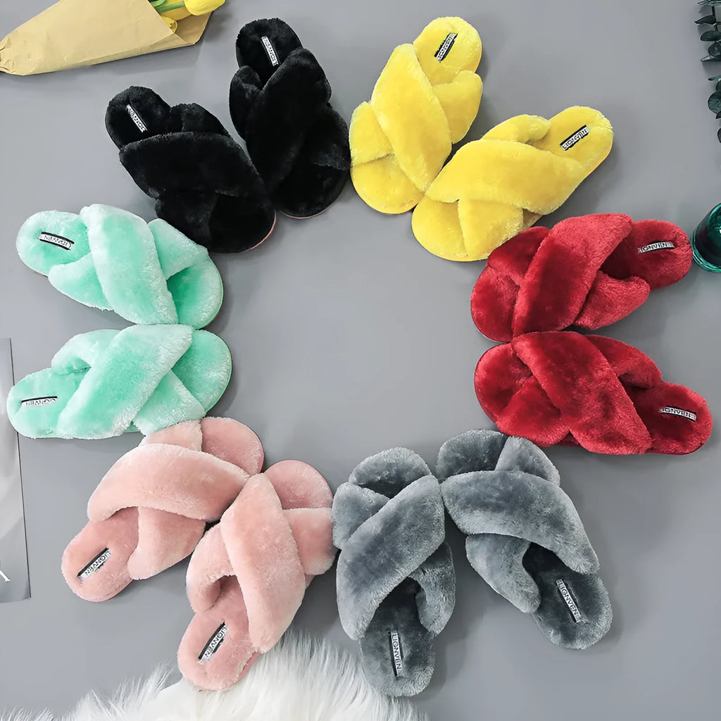 Women's cross open-toe fur slippers with patterned non-slip sole in multiple colour options