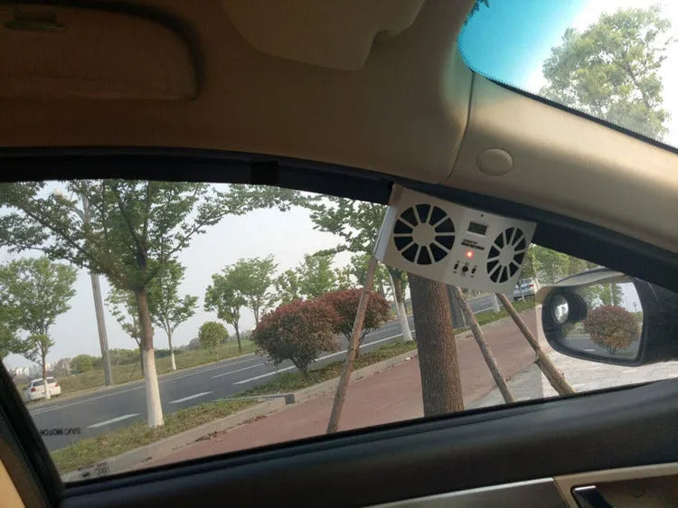 2W solar car exhaust fan with three-speed control and 800 mAh battery, white plastic blades