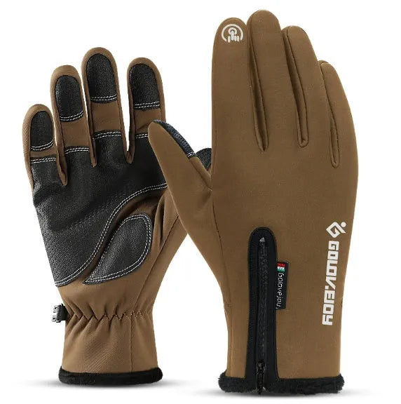 Winter thermal fleece motorcycle gloves with zipper and touch screen fingers on black background