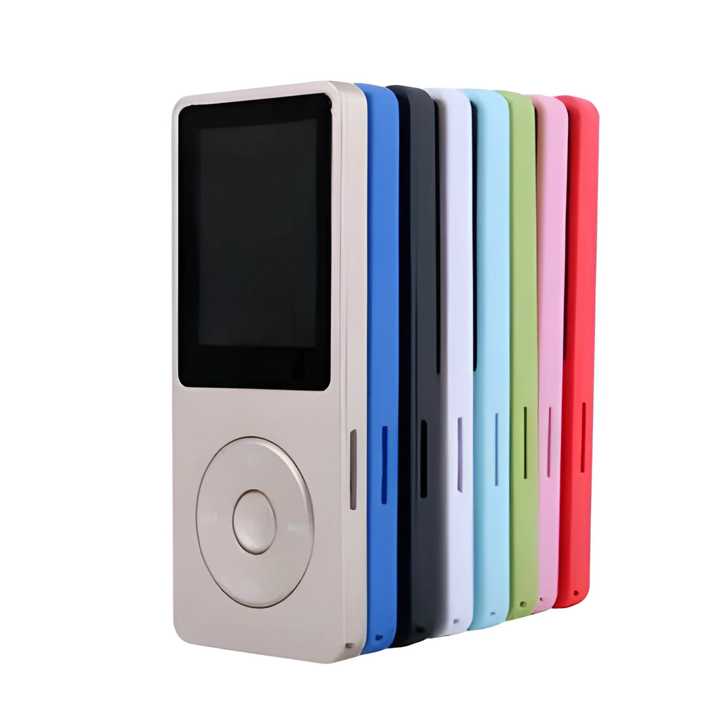 Compact black MP4 player with a 1.8-inch colour screen, showing a music playlist interface.