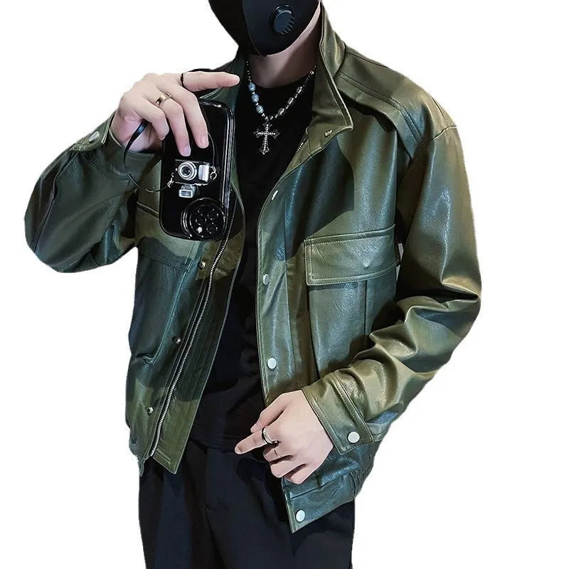Men's black PU leather pilot jacket with side pockets and a straight hem, shown on a model.