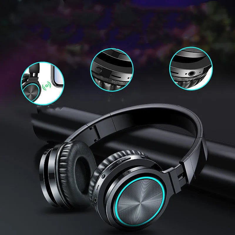 B12 wireless folding headset in black, red, and grey colour variants showing head-mounted design.