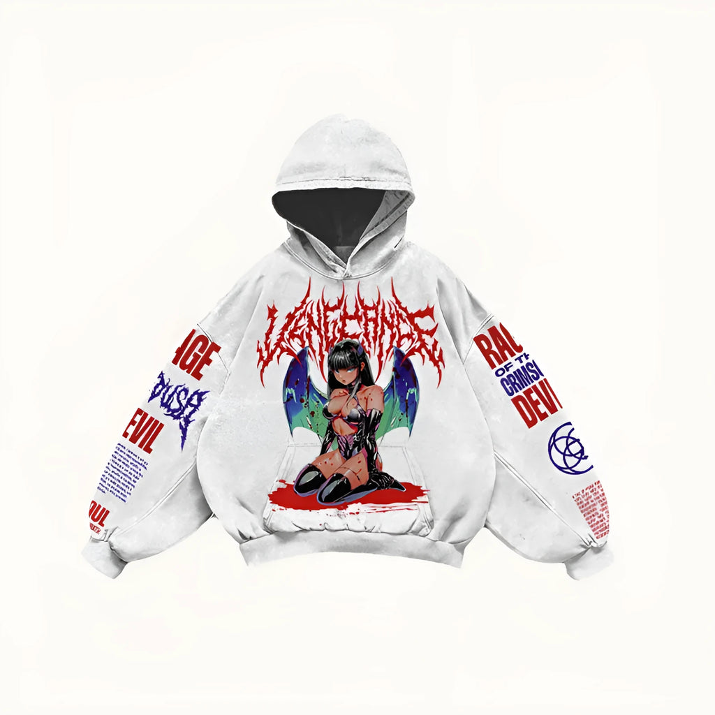 Men's printed hooded loose retro sweatshirt in black with long sleeves and hood