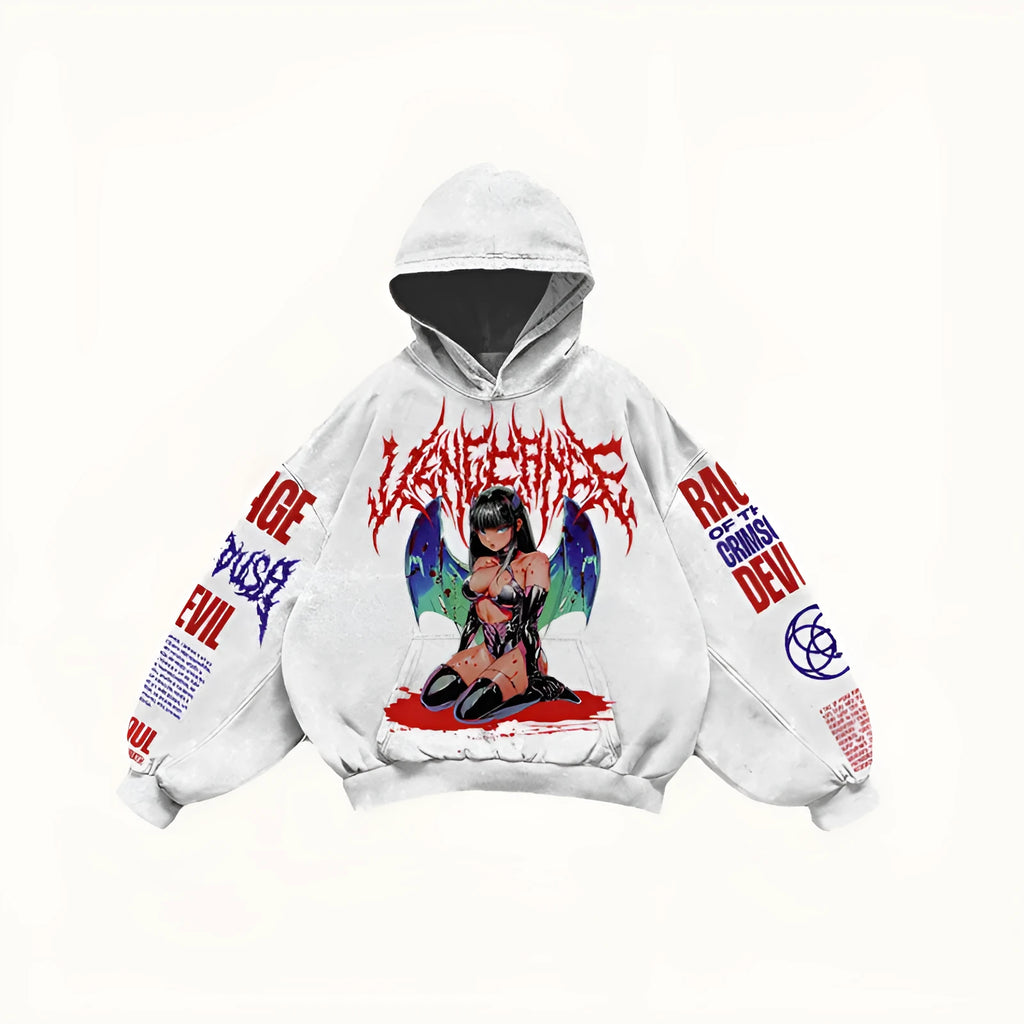 Men's hooded loose retro sweatshirt in thickening fabric, printed design, long sleeves, available in multiple colours