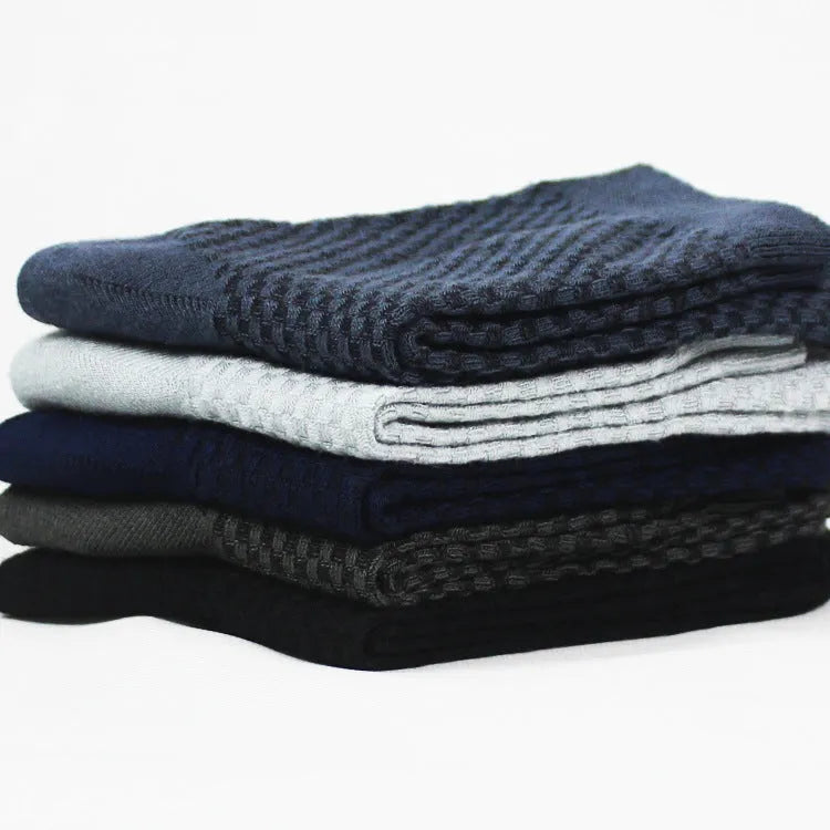 Men's bamboo fibre ankle socks in black, navy, silver grey, iron grey, and grey blue with a small square pattern.