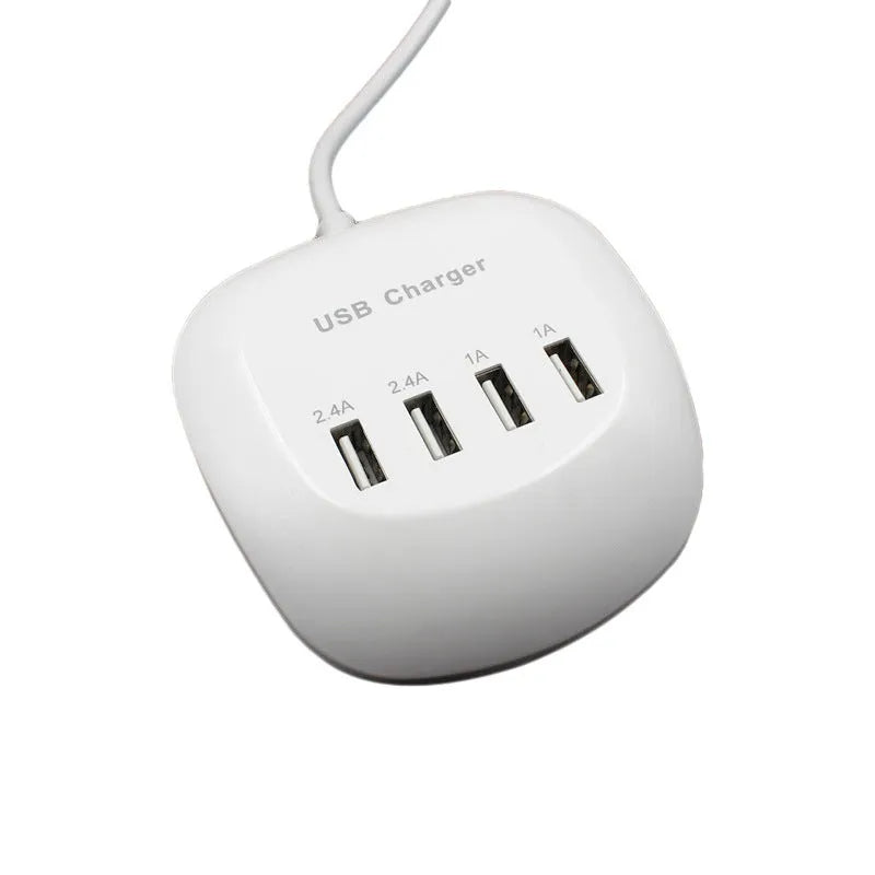 A white USB wall charger with selectable EU or US plug styles, showing the USB-A output port.