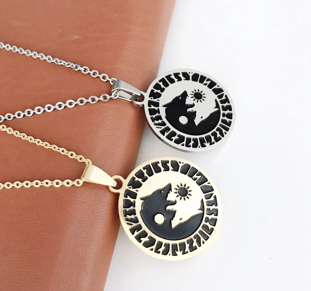 Wolf head sun moon pendant necklace in titanium steel with 30mm tag and 60cm chain, shown in black finish