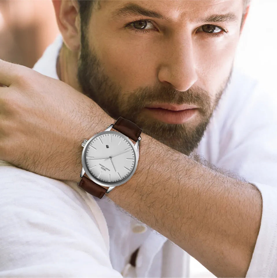 Men's quartz watch set with leather band, round alloy case, buckle clasp, 37mm dial, hardlex window