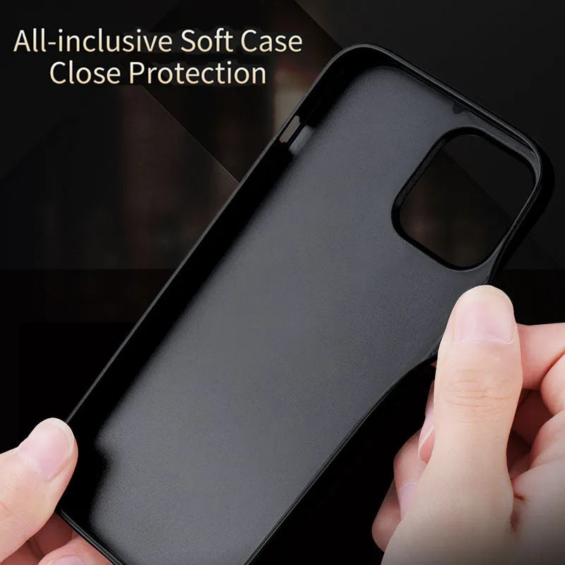 Black PU leather and TPU business phone case for iPhone 12 on a wooden table