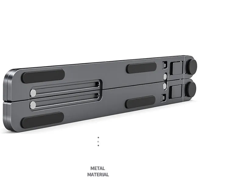 Aluminium foldable laptop stand in silver colour, shown open at an angle and folded flat.