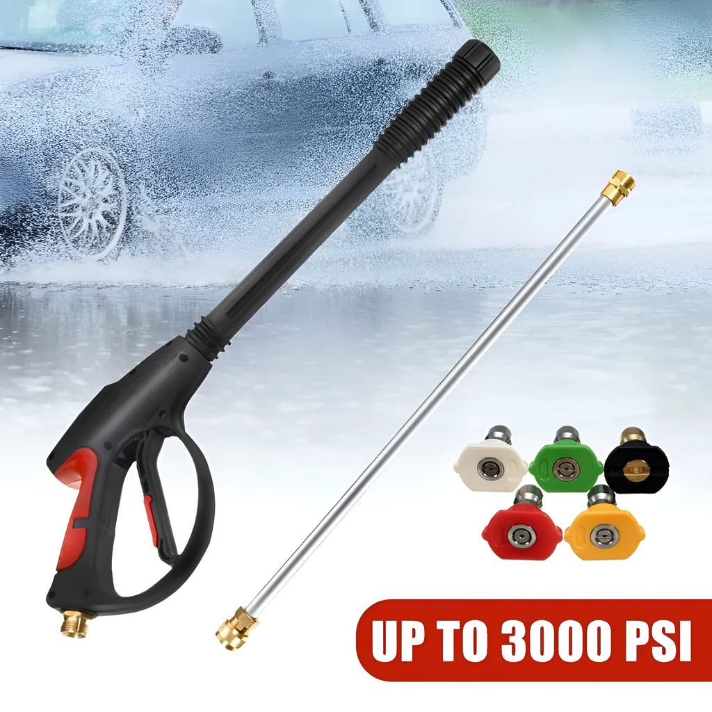 Black M22 lengthened pressure washer gun with all copper head, extension rod, and 5-color nozzle set for 4000 PSI cleaning