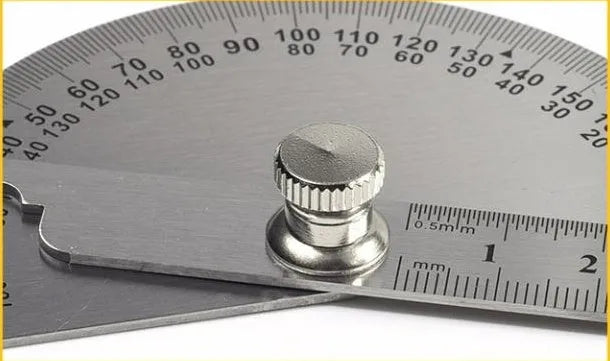 Adjustable protractor measuring square showing 0-180 degree scale with 1-degree markings.