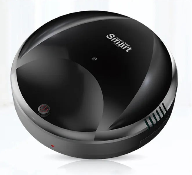 Smart vacuum cleaner charging version in black on a wooden floor with automatic obstacle sensing