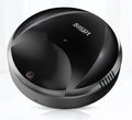 Smart vacuum cleaner charging version in black on a wooden floor with automatic obstacle sensing