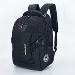 Black travel outdoor backpack with metal hardware and polyester construction, waterproof and breathable design