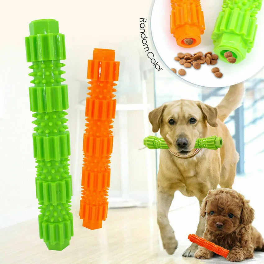 Green natural rubber dog chew toy with textured surface and hollow centre for treats.