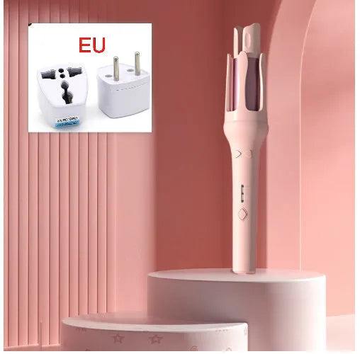 White and pink automatic hair curler with a rotating 32mm ceramic barrel and international plug adapters.