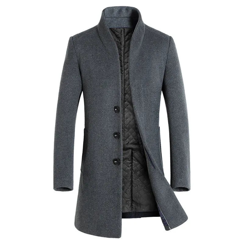 Men's long woolen trench coat in 825 Navy with notched lapel, single-breasted front, long sleeves, size M to 5XL