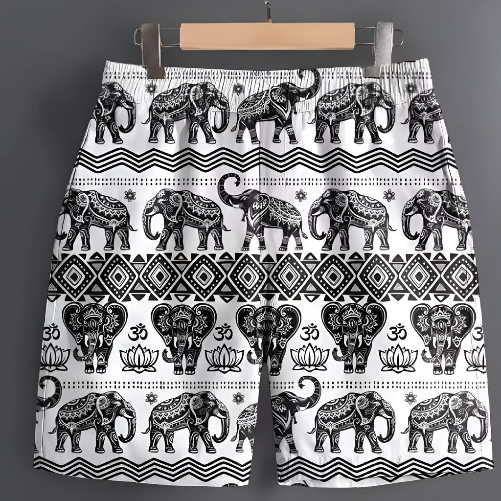 Men's polyester casual shorts in multiple patterns including stripes and camouflage, sizes S to 5XL
