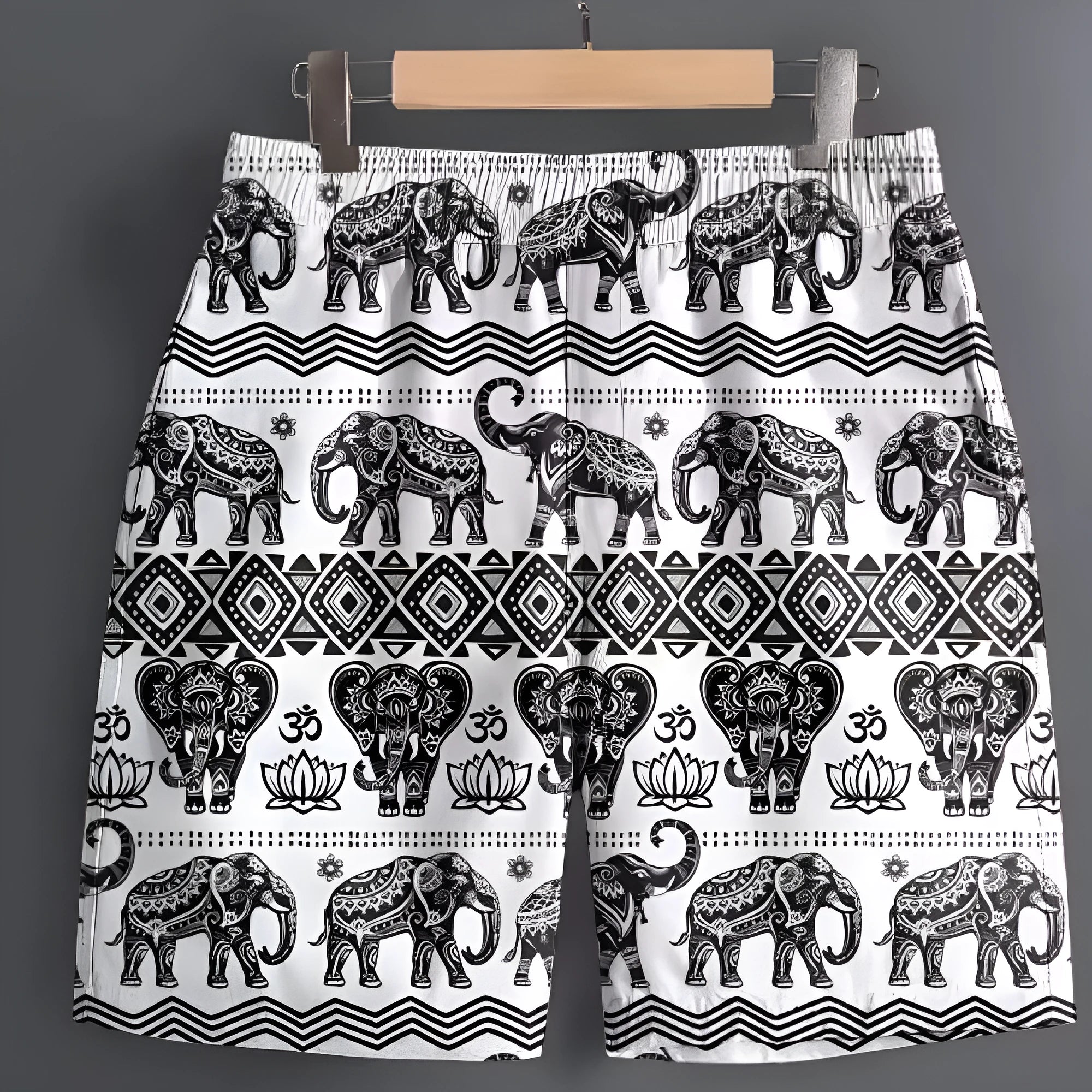 Men's polyester casual shorts in multiple patterns including stripes and camouflage, sizes S to 5XL