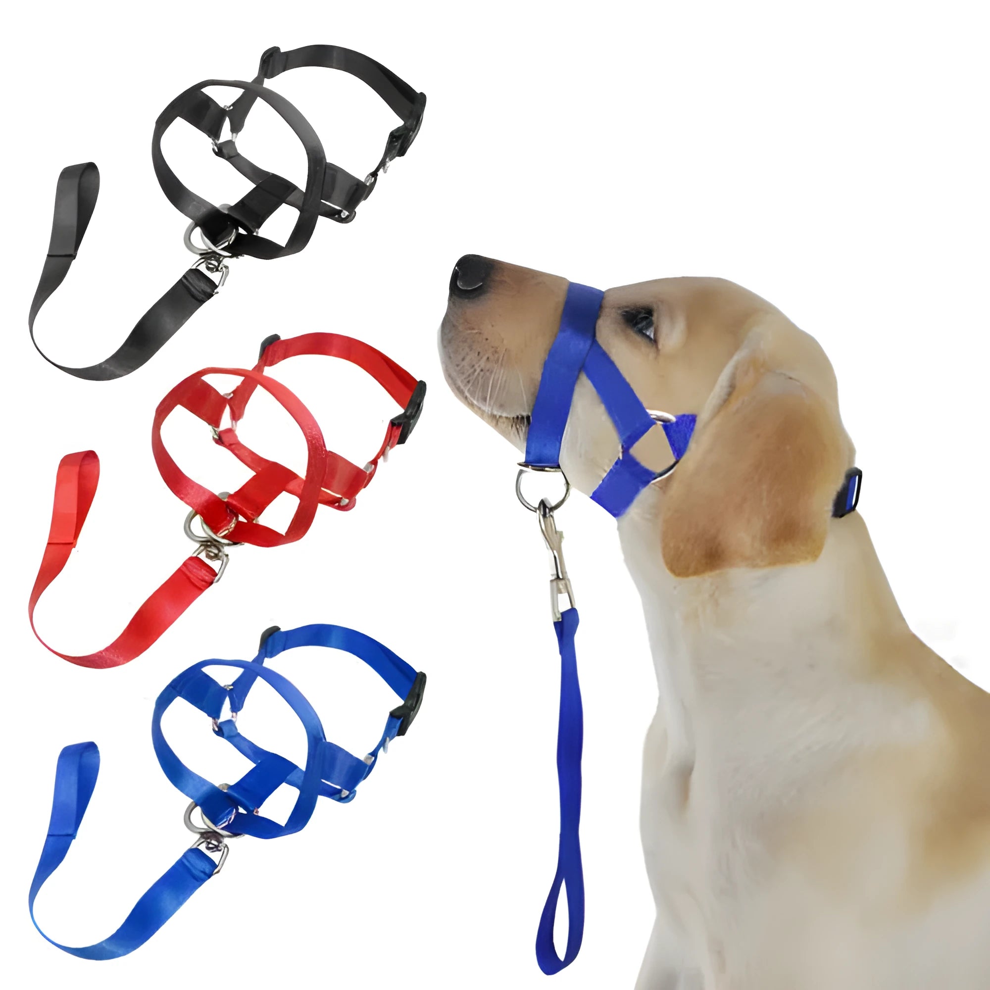 Nylon dog muzzle cover in red, blue, and black for leash training, sizes S to XXL