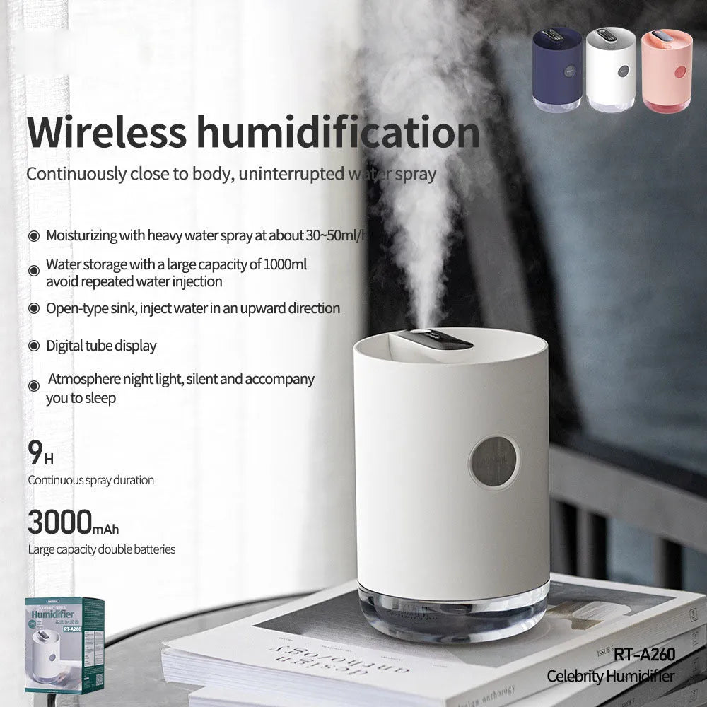 Blue wireless USB humidifier with water tank on a wooden desk next to a plant.