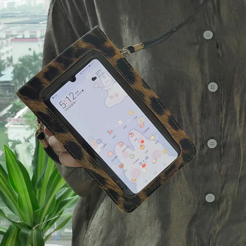 Retro leopard print PU leather phone bag for 5 inch smartphones with lock closure and crossbody strap