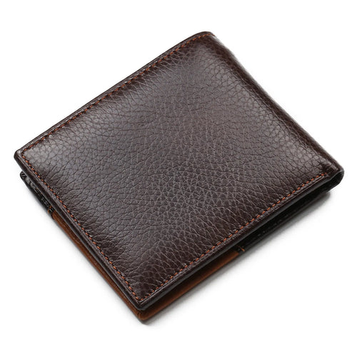 Soft brown cowhide men's wallet open, showing card slots, bill compartment, and zippered coin section with contrast stitching.