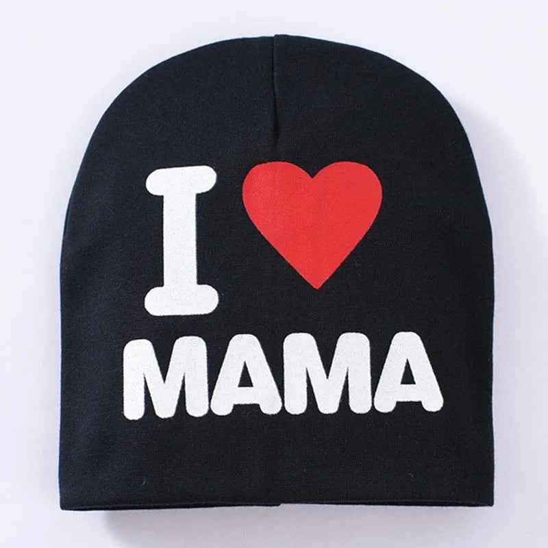 Cotton Lycra baby hat with love mama papa patterns in black grey white colours