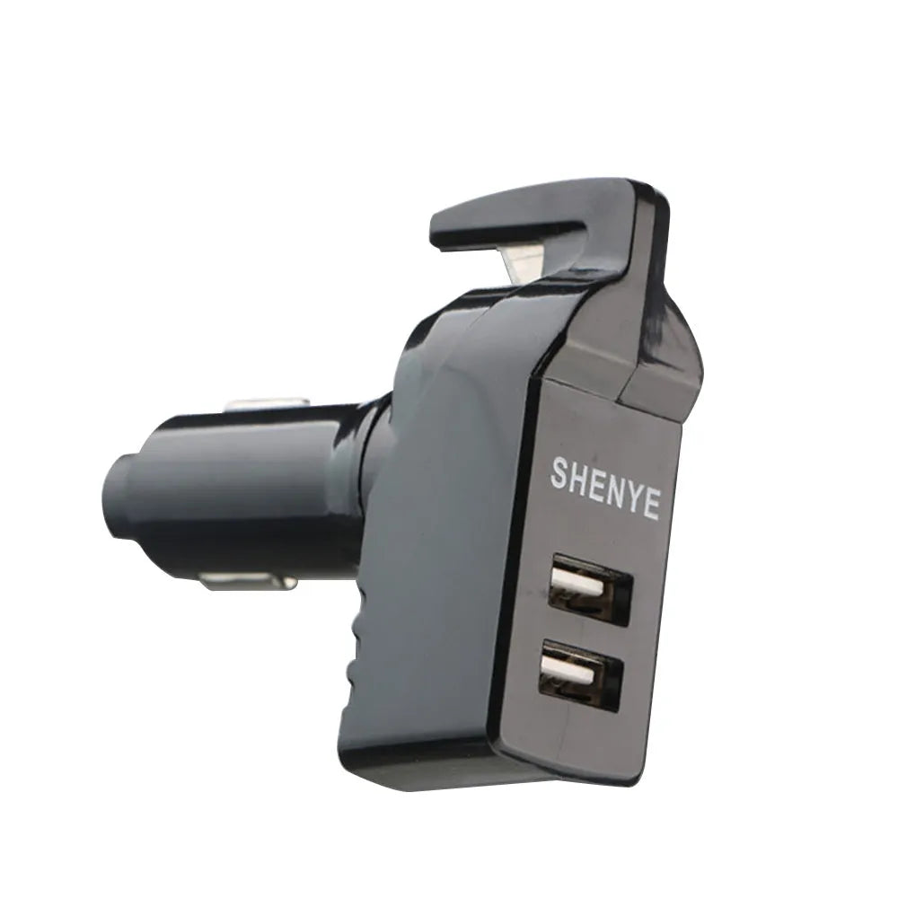 Black car safety hammer with seatbelt cutter and steel window-breaking tip on a light background