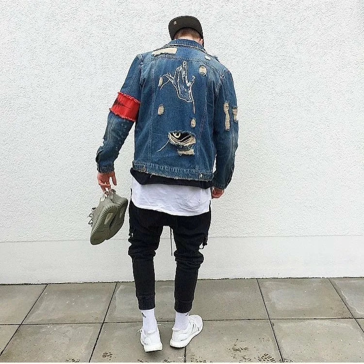 Blue embroidered cotton denim jacket button front casual long sleeve outerwear