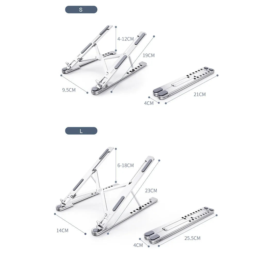 Aluminium foldable laptop stand in silver colour, shown open at an angle and folded flat.