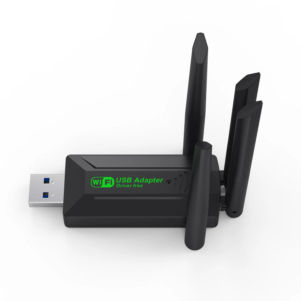 Black external USB network transmitter device with four extended antennas.