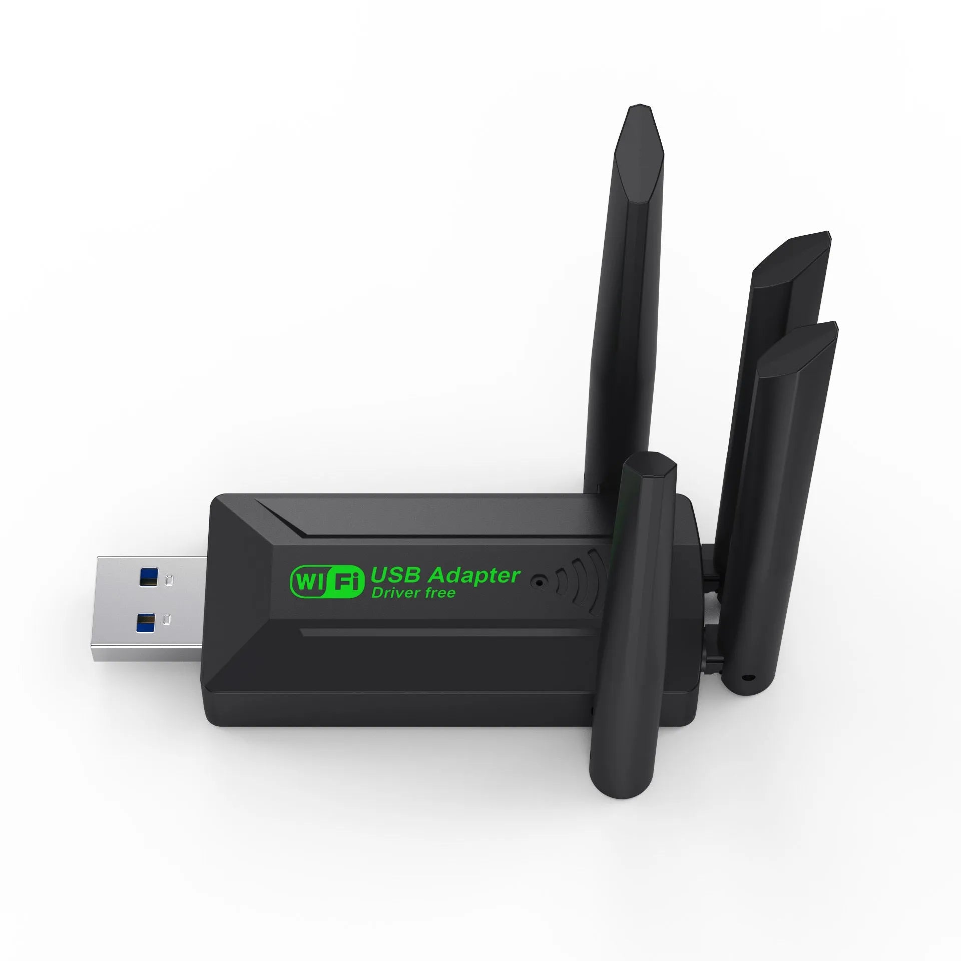 Black external USB network transmitter device with four extended antennas.