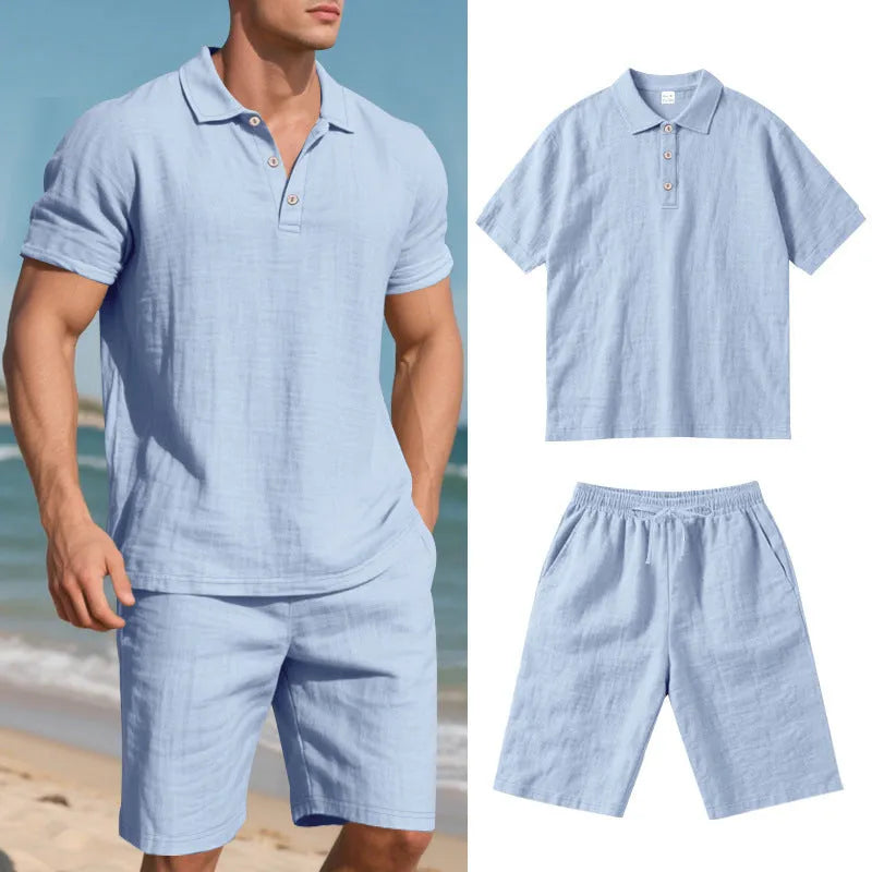 Men's light grey linen-blend short sleeve shirt and matching shorts for summer casual wear.