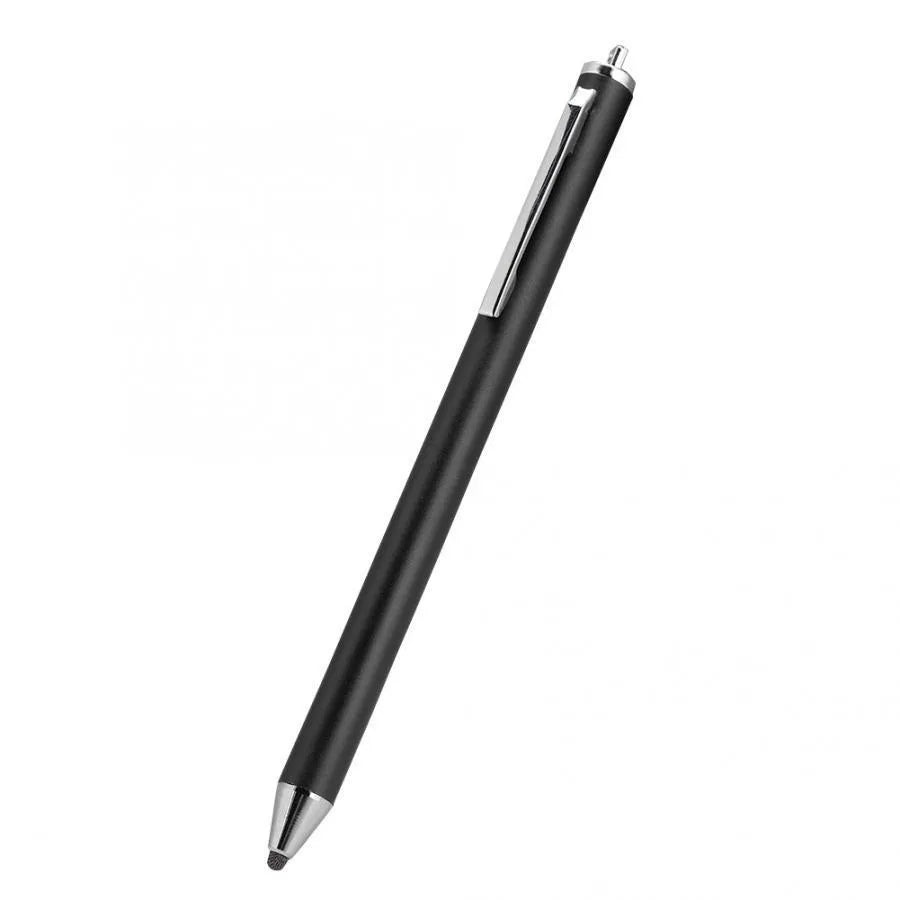 A black metal stylus with a fine silver tip on a touch screen tablet, showing a detailed line drawing.