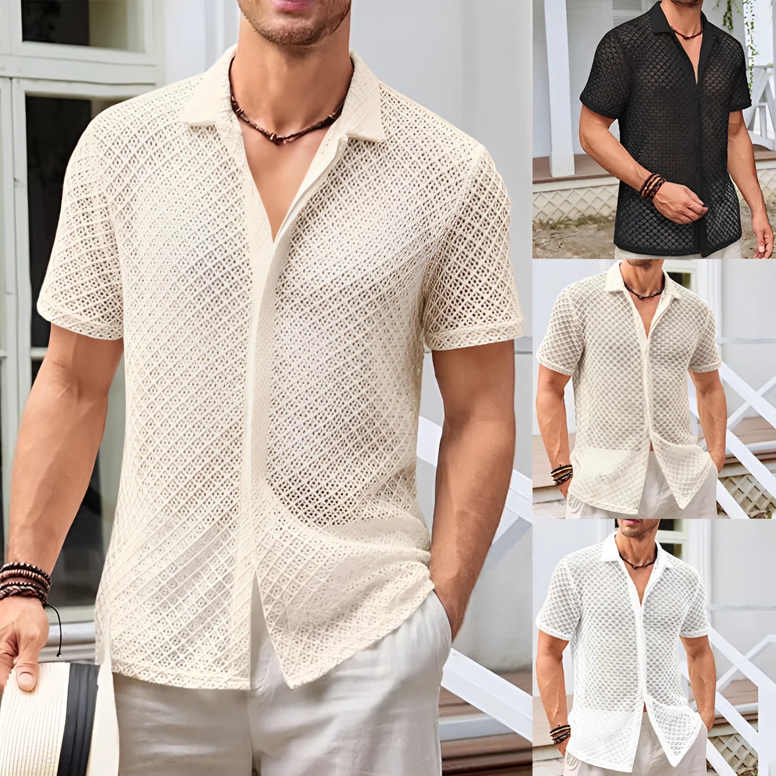 Men's solid colour short sleeve lapel cardigan shirt in a mesh cotton blend fabric