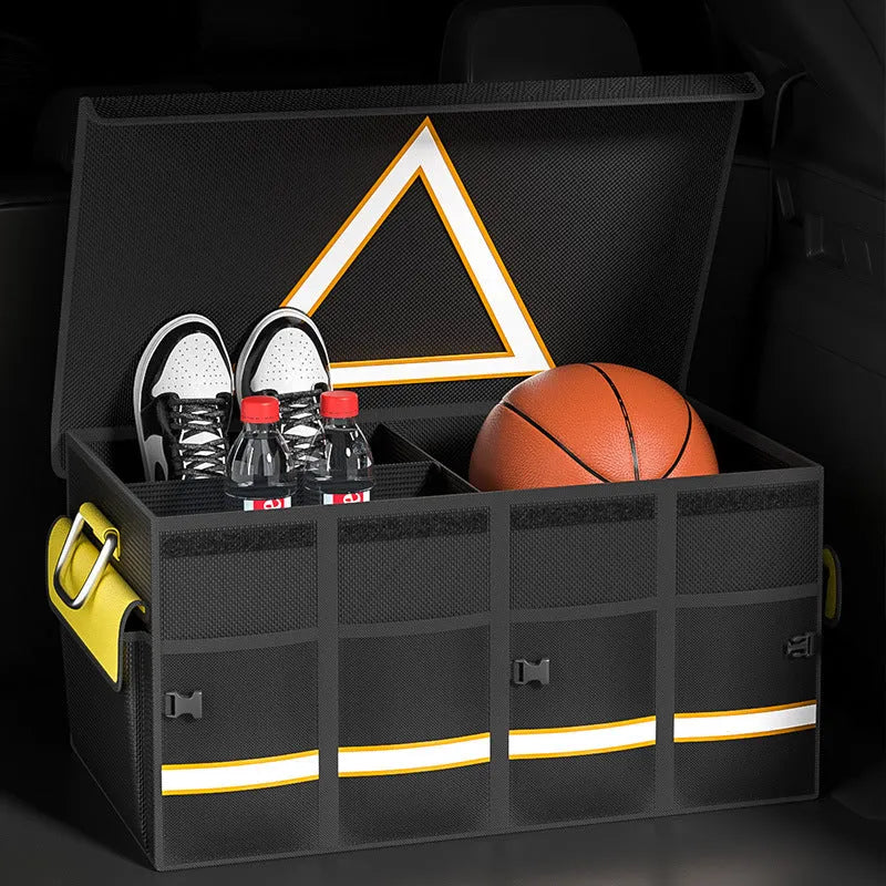 Black and yellow foldable car boot storage organiser bag with handle