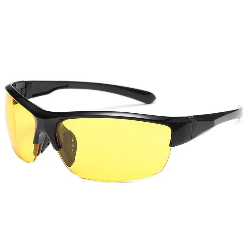 Men's windproof cycling sunglasses with semi-frameless frame and PC lenses in multiple colour options.