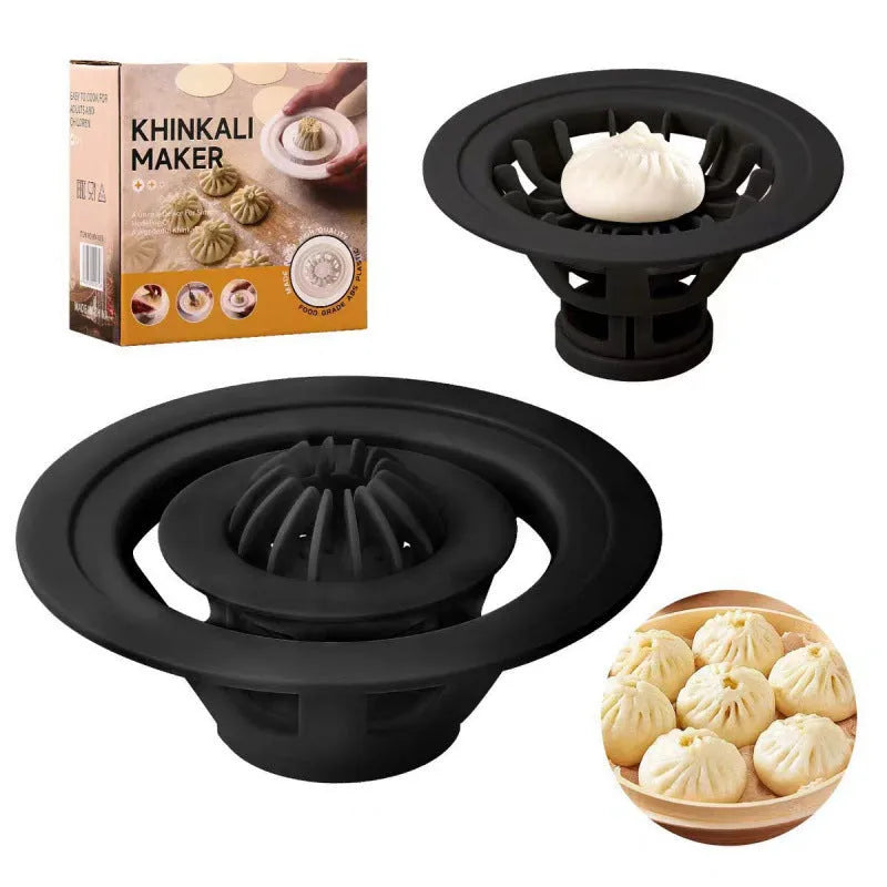 Set of four black plastic steamed bun moulds for making baozi, dumplings, and shaomai