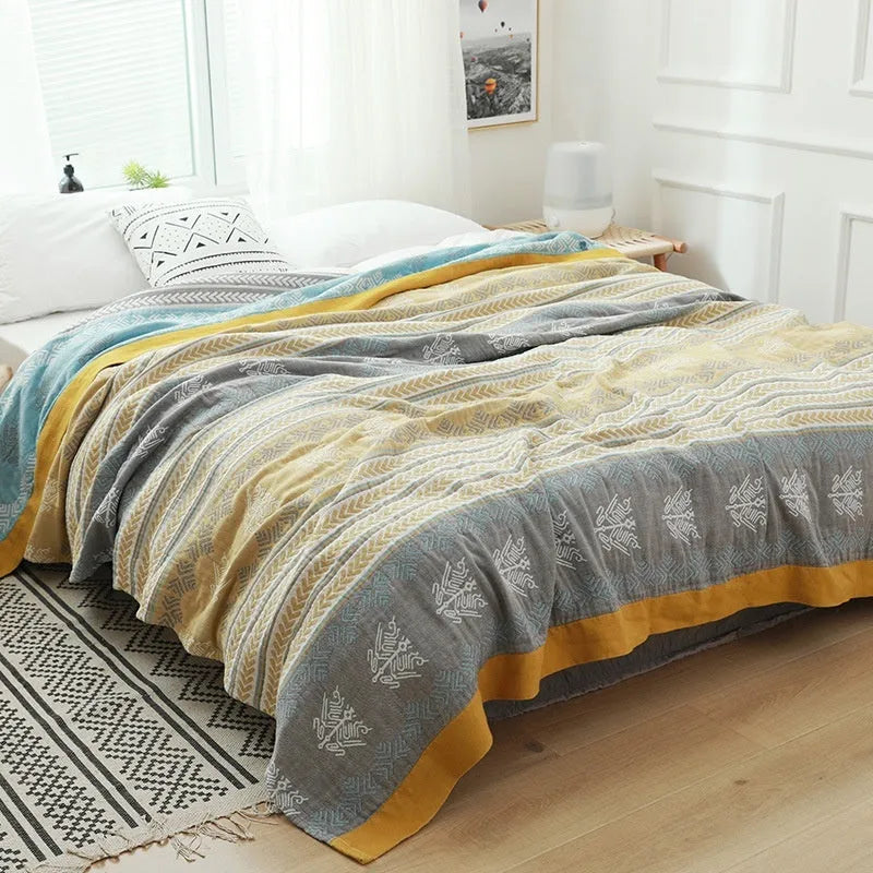 Pure cotton five-layer gauze bed sheet blanket in Roulette Wheel Blue pattern, shown flat.