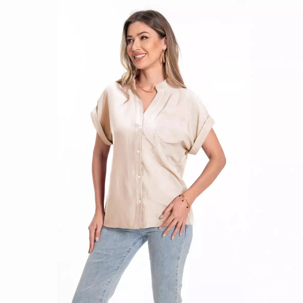 Women's stand collar button front summer top in loose fit with short sleeves