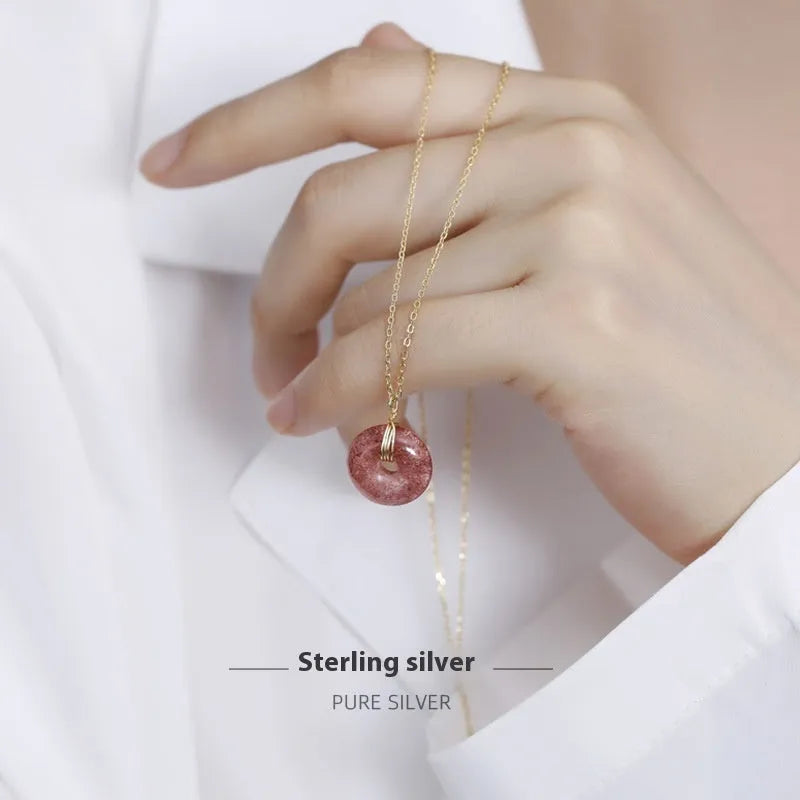 S925 sterling silver necklace with strawberry quartz peace buckle pendant on adjustable cross chain