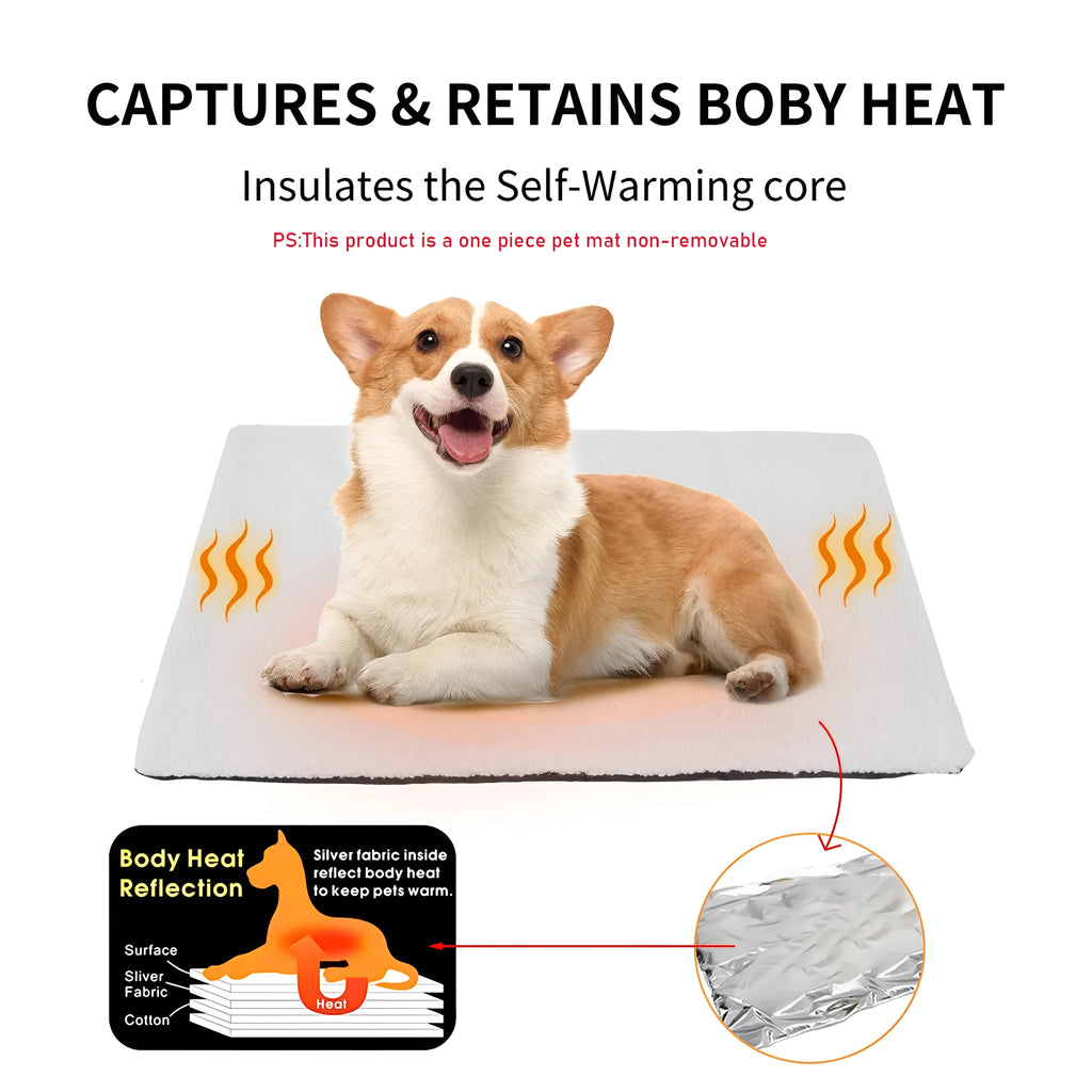 Self heating pet pad for cats in plush material showing size options and colour variations