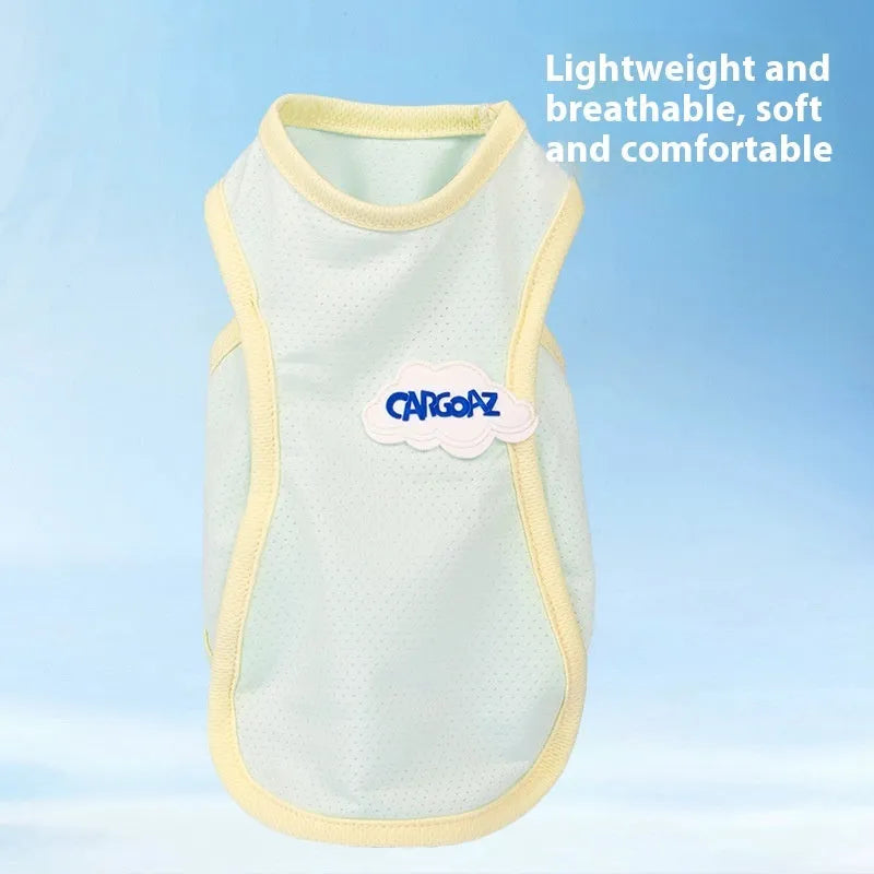 Grass green lightweight polyester vest for cats on a grey background, showing front hook-and-loop closure.